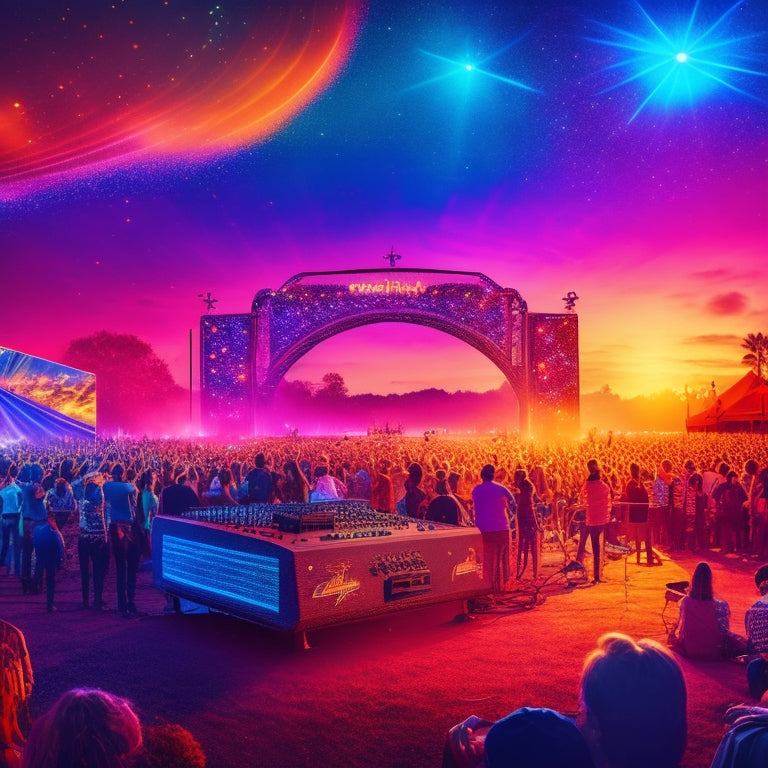 A colorful illustration of a festival stage at sunset, with a DJ mixing on a laptop, surrounded by speakers, cables, and a crowd of dancing people, under a vibrant, starry night sky.