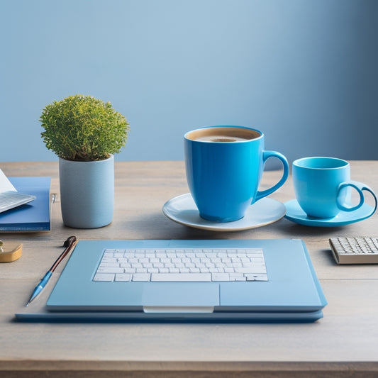 A serene, organized desk with a laptop, a cup of steaming coffee, and a few open notebooks, set against a soft, gradient blue background, evoking a sense of calm focus and learning.