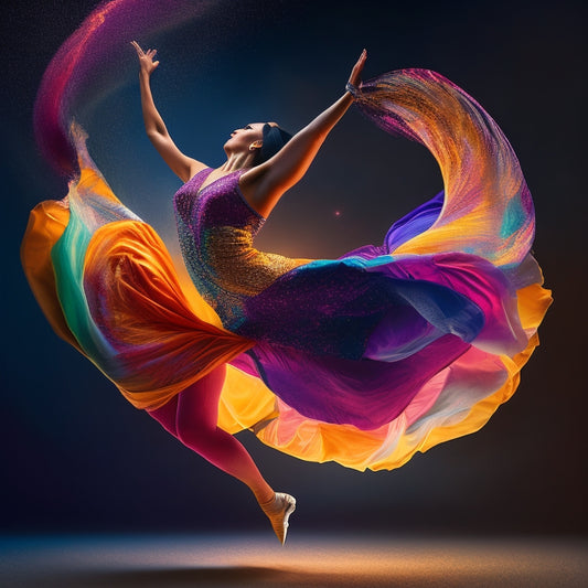 A vibrant, dynamic illustration of a dancer in mid-leap, surrounded by swirling shapes and colors, with a subtle spotlight shining down, capturing the energy and freedom of unbridled movement.