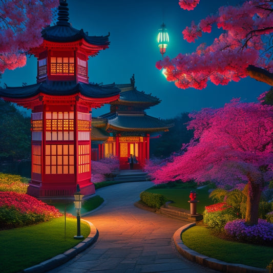 A vibrant and colorful illustration of a nighttime scene at The Huntington, featuring a majestic lantern-lined path, blooming cherry blossoms, and a grand pagoda amidst a sea of festive red lanterns.