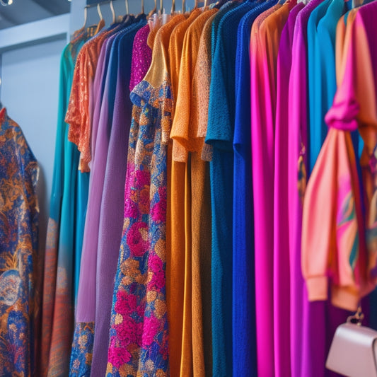 A vibrant display of diverse clothing items on a colorful rack, featuring stylish dresses, trendy tops, and chic accessories, all with price tags showcasing affordable prices, set against a bright, inviting boutique backdrop.