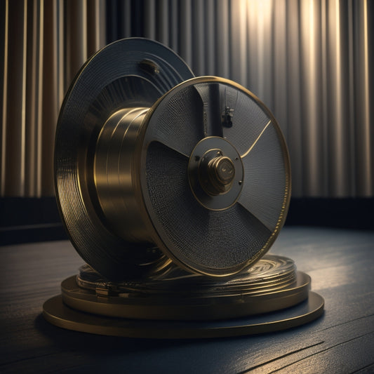 A golden film reel unwinds, framing a staggered, multi-level structure built from clapboards, each tier featuring a distinct film industry role, with subtle lighting and cinematic shadows.