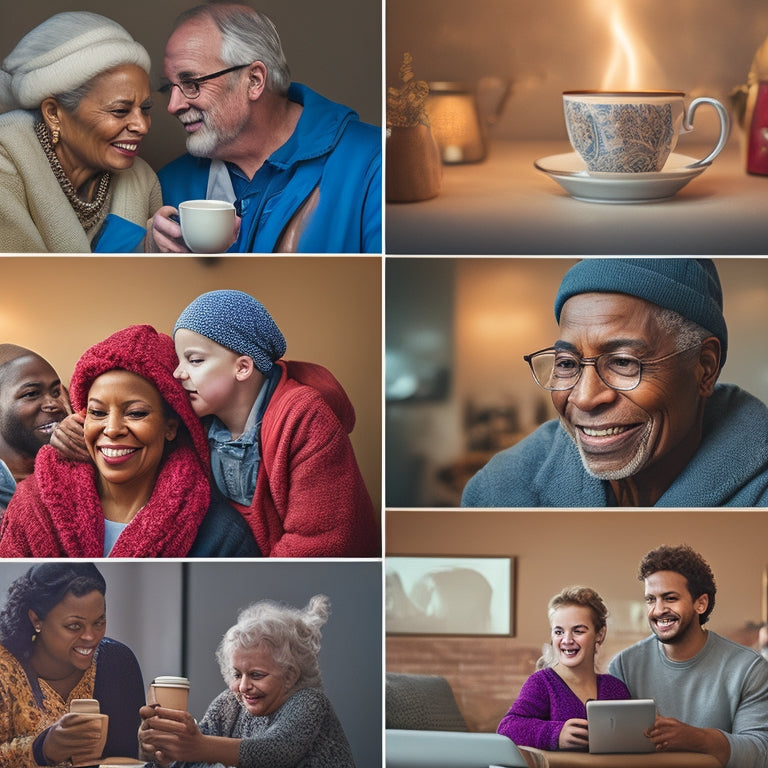 A warm-lit montage of people from diverse backgrounds and ages watching a video on their devices, with tears of joy and smiles, surrounded by comforting objects like blankets and cups of coffee.