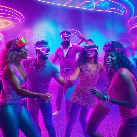 A vibrant illustration of a diverse group of people dancing together in a virtual reality space, surrounded by swirling neon lights and futuristic avatars, conveying joy and community connection.