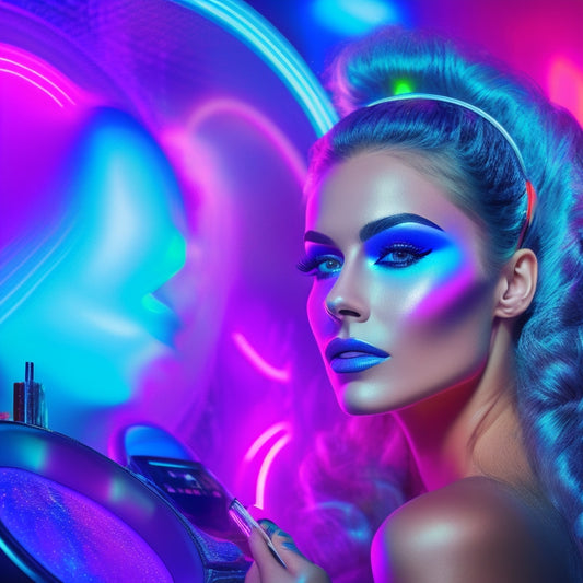 A futuristic, neon-lit digital makeup station with glowing screens and sleek, curved lines, surrounded by vibrant, swirling clouds of colorful makeup particles and swirling brush strokes.