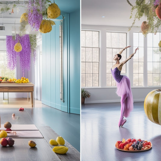 A serene, warm-lit dance studio with a ballet barre, mirrored walls, and wooden floors, featuring a dancer in a flowing, pastel-hued leotard, surrounded by vibrant fruits, nuts, and healthy snacks.