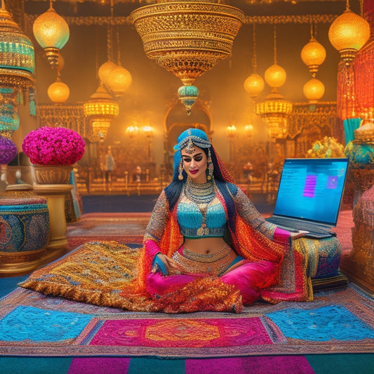 A colorful illustration of a belly dancer in a vibrant, ornate Middle Eastern-inspired setting, surrounded by laptops and tablets displaying online learning platforms.