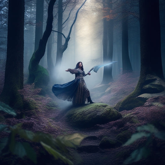 A dark, misty, and mystical forest backdrop with a central figure of a Blade Dancer, wielding dual swords, surrounded by swirling ethereal energies and orbiting blades, amidst a whirlwind of leaves and petals.