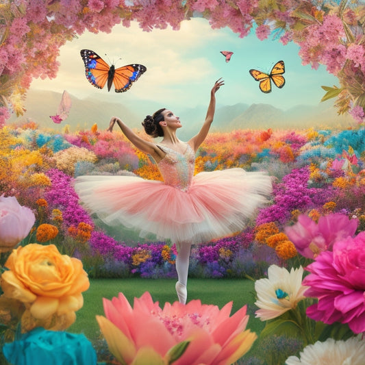 A whimsical illustration of a ballet dancer in mid-pirouette, surrounded by vibrant flowers, butterflies, and colorful ballerinas in various poses, set against a soft, pastel-hued background.