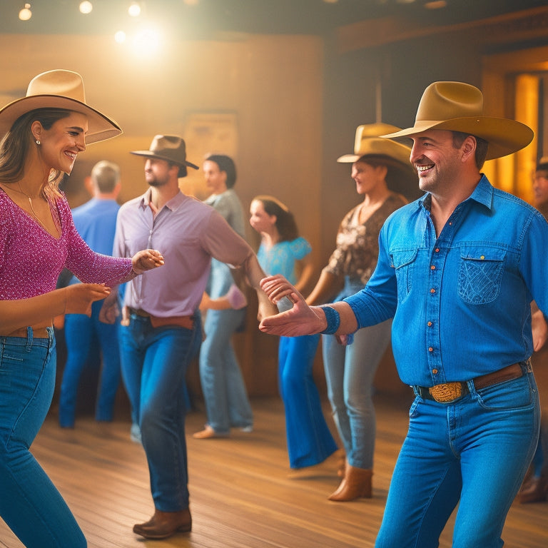 A vibrant illustration of a smiling woman wearing cowboy hat, denim jeans, and holding a partner's hand, standing in a lively dance hall with wooden floors, surrounded by other dancers.