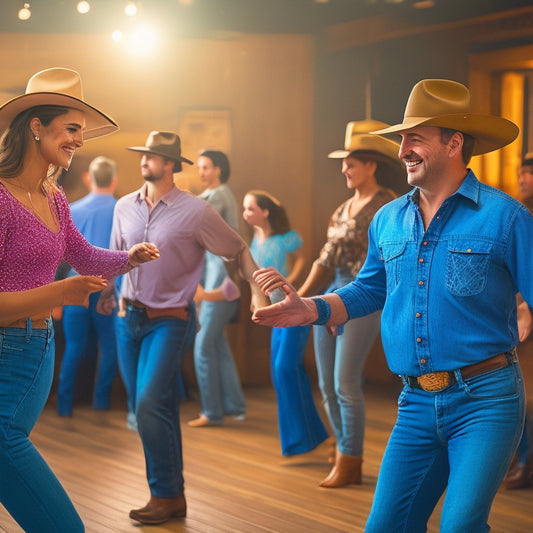 A vibrant illustration of a smiling woman wearing cowboy hat, denim jeans, and holding a partner's hand, standing in a lively dance hall with wooden floors, surrounded by other dancers.