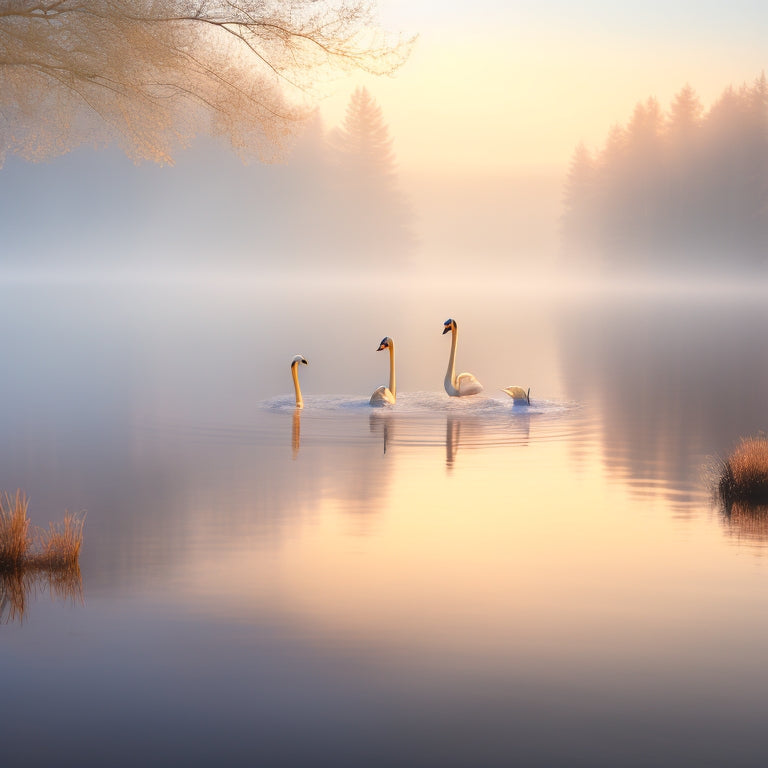 A whimsical illustration of a serene lake scene at dawn, with three swans (cygnets) dancing on the water's surface, surrounded by gentle ripples and misty morning fog.