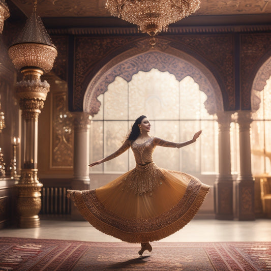 A serene, golden-lit dance studio with ornate Middle Eastern patterns on the walls, featuring a beautiful Oriental dancer in motion, surrounded by a subtle, glowing calendar and clockwork gears in the background.