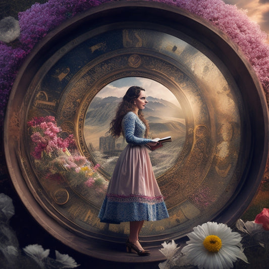 A whimsical illustration of Ella Rosenblatt standing in a swirling vortex of clock gears, flowers, and book pages, surrounded by faint outlines of ancient cities and misty landscapes.