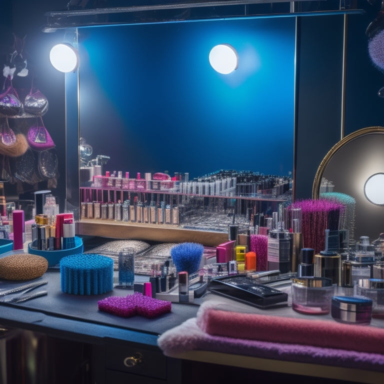 A cluttered but organized makeup station with various brushes, sponges, and palettes, surrounded by mirrors, spotlights, and a few dance costumes in the background.