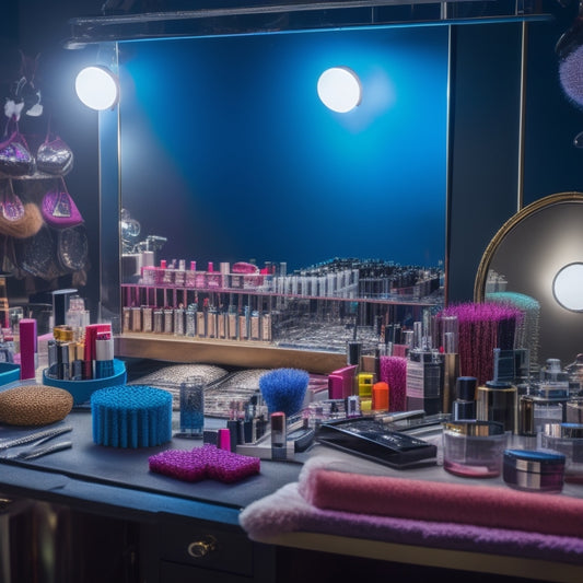 A cluttered but organized makeup station with various brushes, sponges, and palettes, surrounded by mirrors, spotlights, and a few dance costumes in the background.