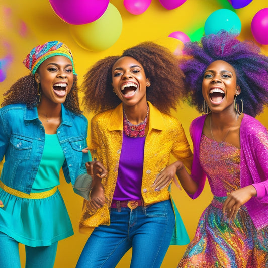 A vibrant illustration featuring three diverse dancing girls with big smiles, each incorporating a distinct emoji on their clothing or accessories, against a bright, swirly background with musical notes and confetti.