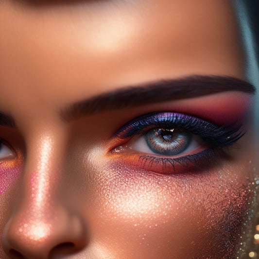 A close-up of a dancer's face, spotlight-lit, with bold, shimmering eyeshadow, defined brows, and luscious lashes, set against a dark, blurred background, evoking a sense of drama and elegance.