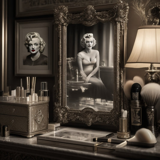 A vintage-style, ornate vanity with velvet drapes, adorned with antique makeup brushes, lipsticks, and compacts, surrounded by framed black-and-white photographs of Marilyn Monroe.