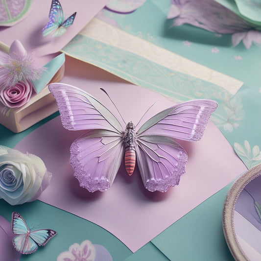 A whimsical illustration featuring a stylized butterfly with outstretched wings, surrounded by swirling fabric swatches in shades of pastel pink, lavender, and mint, with subtle quilting stitches visible in the background.