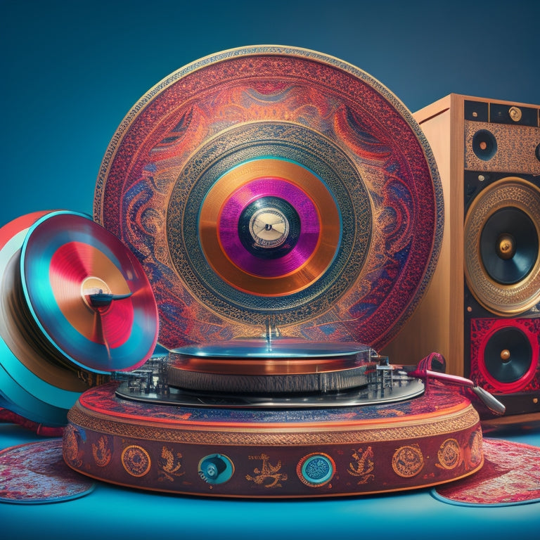 An illustration depicting a vintage gramophone transitioning into a modern DJ console, surrounded by swirling patterns of sound waves, vinyl records, and musical notes in a kaleidoscope of colors.