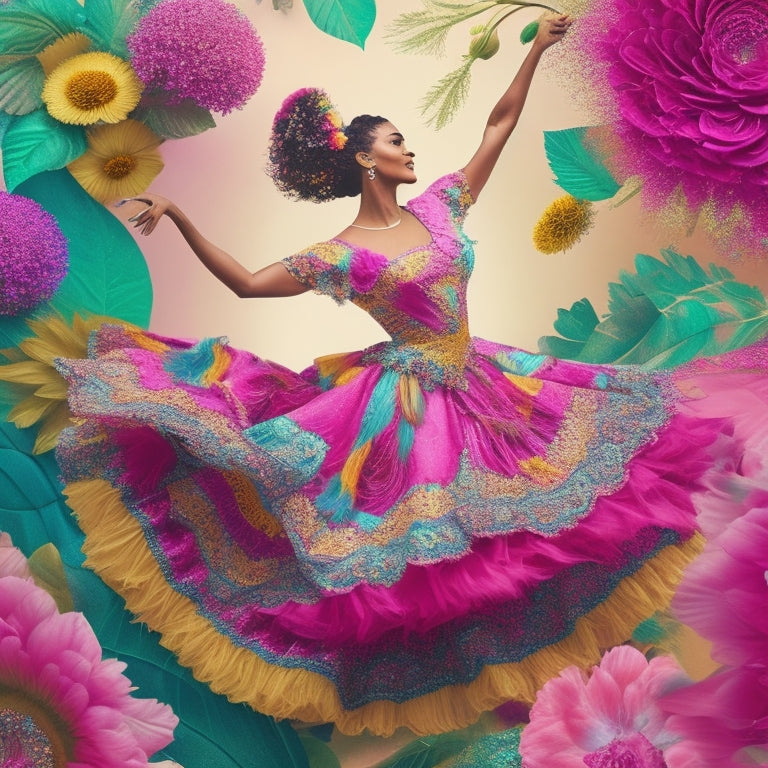 A whimsical illustration of a dancing woman surrounded by swirling patterns of bright, bold flowers, leaves, and feathers in shades of pink, turquoise, and yellow.