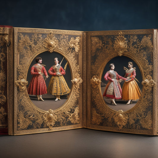 An ornate, leather-bound book lies open, revealing intricate illustrations of dancers in 18th-century attire, surrounded by musical instruments and ornamental borders, set against a warm, golden background.