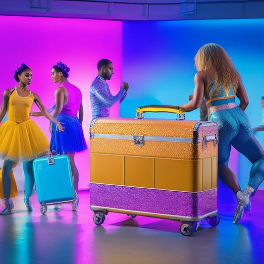 A vibrant, stylish dance case on wheels, showcasing various compartments for costumes and shoes, set against a bright studio backdrop with dancers practicing in the background, conveying energy and ease of transport.