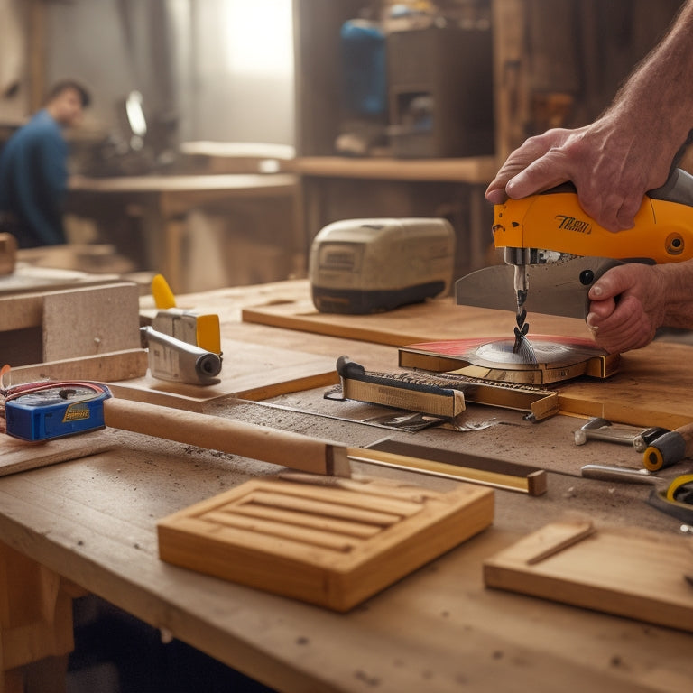 A close-up shot of a person's hands holding a mirror and a miter saw, surrounded by measuring tapes, clamps, and a carpenter's square, on a cluttered workshop table.