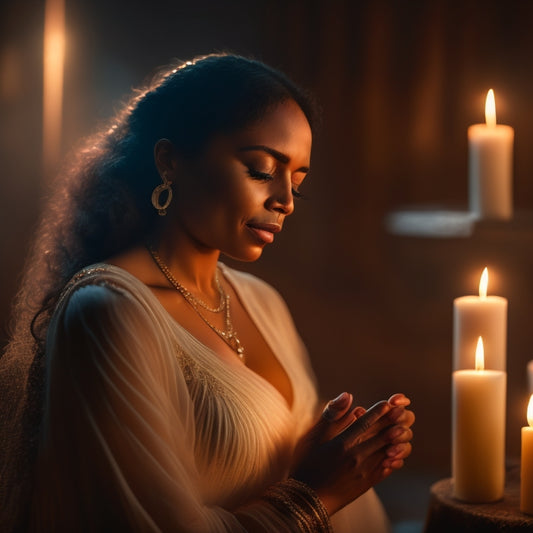 A serene, dimly lit studio with a lone figure, a woman with closed eyes, surrounded by candles, gently swaying her hips to an unheard rhythm, her arms extended, palms facing upwards, as if embracing the air.