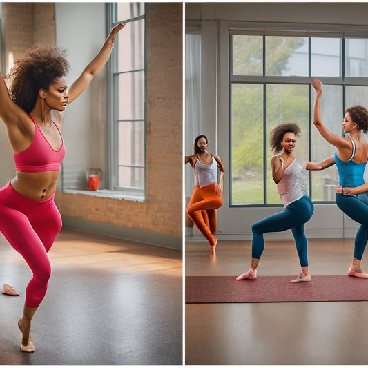 A vibrant dance studio showcasing diverse dancers in stylish, flexible attire: flowing tank tops, fitted leggings, and breathable sneakers. Soft natural light filters through large windows, highlighting fabric movement and expressive poses.