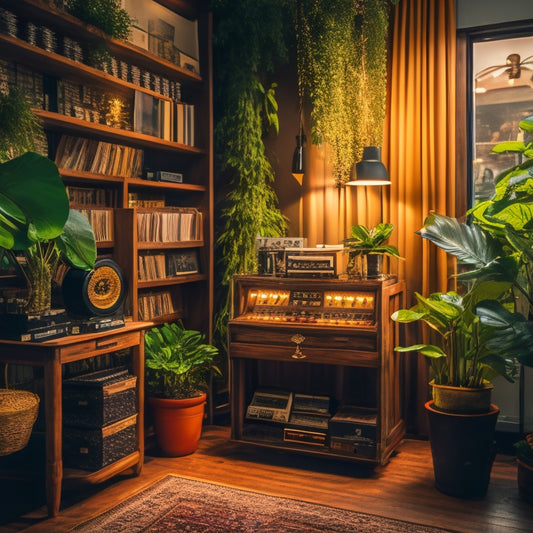 A dimly lit, vintage-style record store interior with warm, golden lighting, featuring Soul Clap's vinyl records on wooden shelves, surrounded by retro DJ equipment and lush green plants.