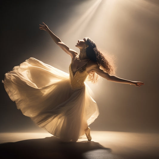 A dramatic spotlight shines on a dancer's arms, with one arm stretched upwards and the other bent in a fluid motion, surrounded by subtle, swirling mist and soft, golden lighting.