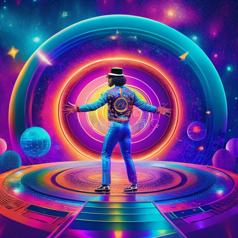 A vibrant, psychedelic illustration featuring a Disco Dancer SVG character surrounded by swirling disco balls, vinyl records, and flashing lights, set against a starry night sky with a retro-futuristic vibe.