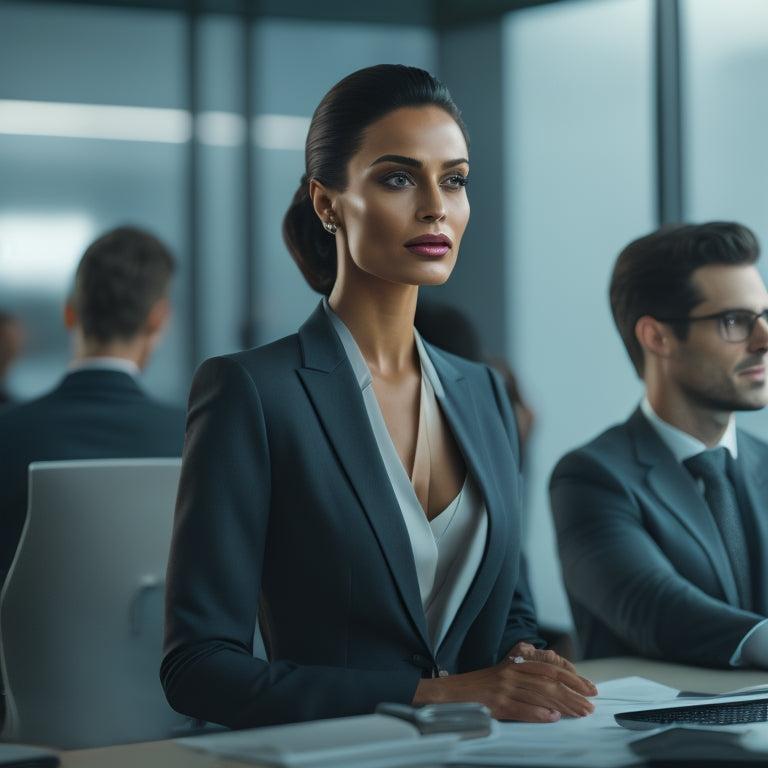 A professional woman in a sleek, high-neckline bodysuit, paired with a tailored blazer and heels, stands confidently in a modern office setting, surrounded by coworkers typing on computers.