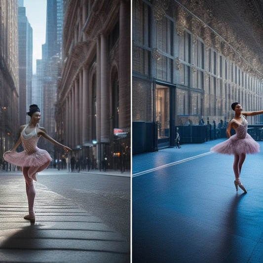 A split-screen image: on the left, a dancer wearing tap shoes on a wooden indoor floor, surrounded by mirrors and ballet bars; on the right, the same dancer standing on a dirty urban sidewalk, surrounded by city buildings and pedestrians.