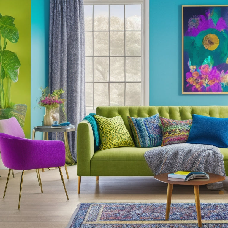 A vibrant illustration of a stylish living room with a dancer's silhouette in the center, surrounded by Zazzle-designed throw pillows, blankets, and wall art in bold colors and patterns.