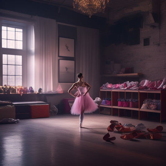 A serene, dimly lit dance studio with a lone ballet dancer in the center, wearing a leotard and pointe shoes, with a pair of leg warmers lying nearby, surrounded by scattered dance accessories.