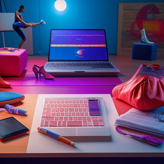 A stylized illustration of a dance studio with a laptop and tablet surrounded by scattered notes, music sheets, and colorful dance shoes, amidst a subtle background of music notes and dance poses.