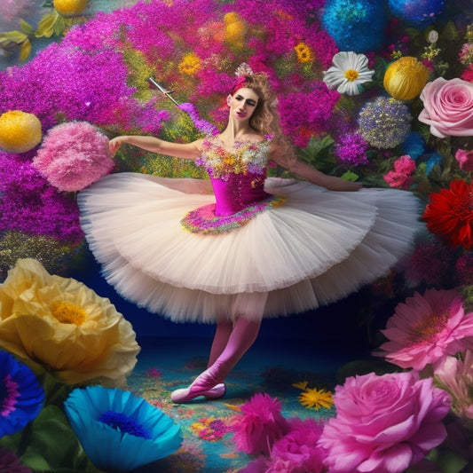 A whimsical illustration of a ballet dancer surrounded by colorful flowers, musical notes, and paintbrushes, with a subtle background of ballet shoes and tutus, blending art and dance.