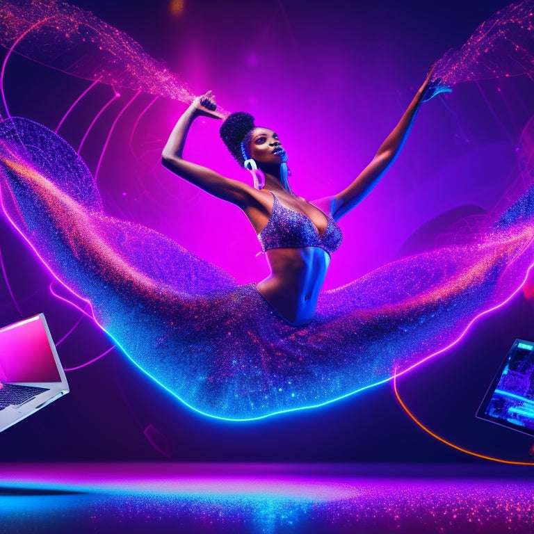 A stylized illustration of a dancer in mid-pose, surrounded by swirling digital tools and icons, including laptops, smartphones, tablets, headphones, and musical notes, set against a bright, neon-lit background.