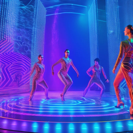 A futuristic dance stage with holographic makeup designs projected onto performers' faces, surrounded by swirling lights and neon hues, with a subtle grid pattern hinting at digital augmentation.