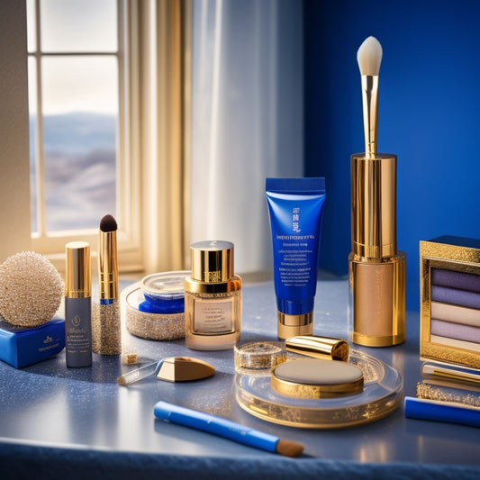 A glamorous, golden-lit vanity decked with Ulta Beauty's signature blue and white products, surrounded by scattered makeup brushes, luxurious skincare samples, and a few glitzy gift bags.