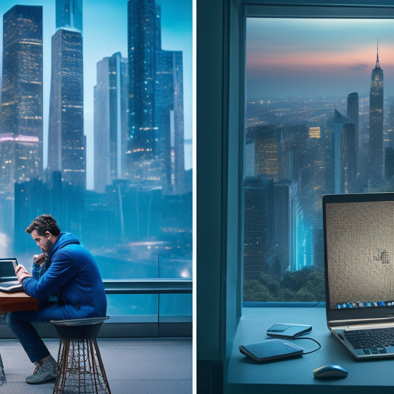 A split-screen image: on the left, a person stuck in a maze with broken computer and phone surrounding them, while on the right, a person standing in front of a laptop with a cityscape of success in the background.