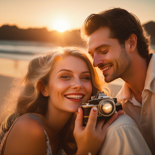 A warm-lit, golden hour scene of a smiling couple embracing on a sun-kissed beach, with a vintage camera and scattered polaroids surrounding them, capturing joyful, romantic moments.