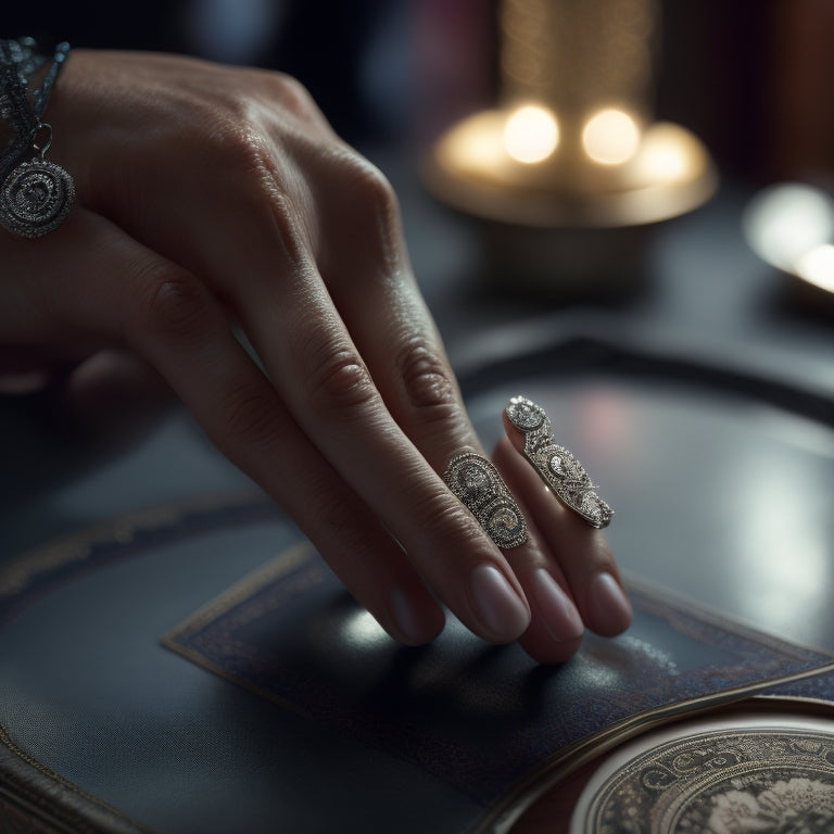 A close-up of a hand with slender fingers, adorned with sleek silver rings, deftly manipulating a deck of cards, with cards swirling around the fingers in a mesmerizing dance.