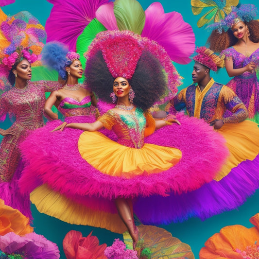 A vibrant, whimsical illustration featuring a diverse group of dancers in eclectic, stylish outfits, surrounded by swirling fabrics, flowers, and feathers, set against a bright, gradient-colored background.