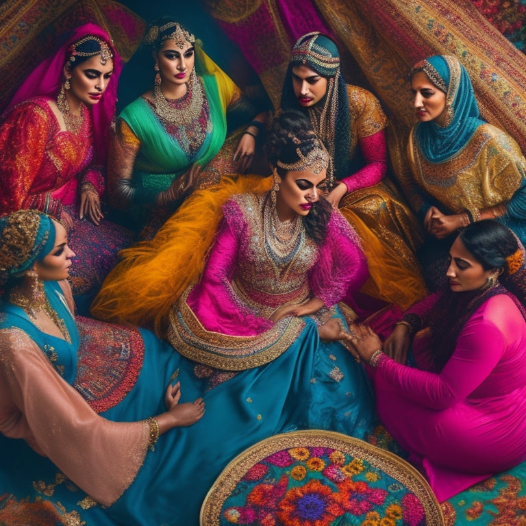 A vibrant, circular composition featuring interconnected belly dancers of diverse ages, skin tones, and attire, surrounded by swirling fabrics, flowers, and intricate Middle Eastern patterns.