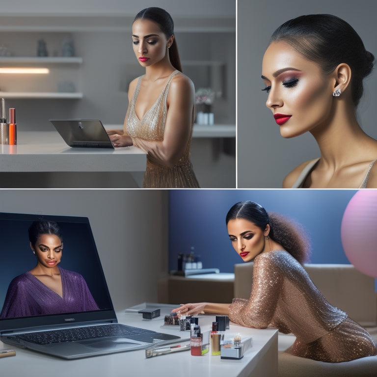 A split-screen image featuring a young woman in front of a vanity, with a laptop open to a dance makeup tutorial on one side, and on the other side, the same woman confidently applying makeup, with a blurred-out dance studio background.