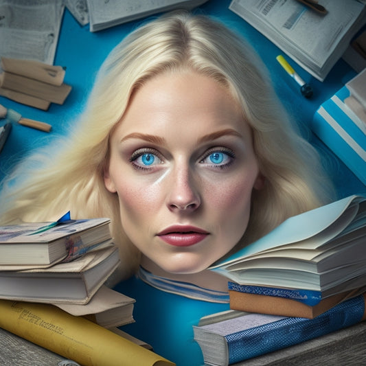 A whimsical illustration of a blonde-haired, blue-eyed Annette surrounded by scattered books, torn notes, and a broken pencil, with a bewildered expression and a few beauty marks on her face.